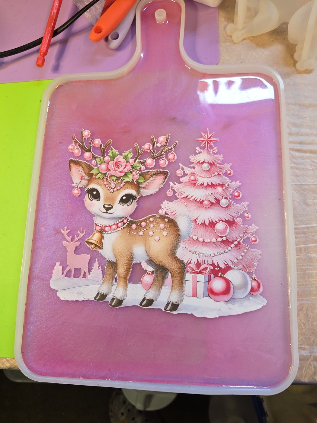Pink Christmas serving board with deer and tree