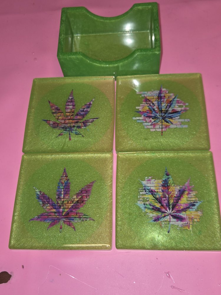 420 friendly coaster set with holder — green coasters with brick-wall cannabis leaf art