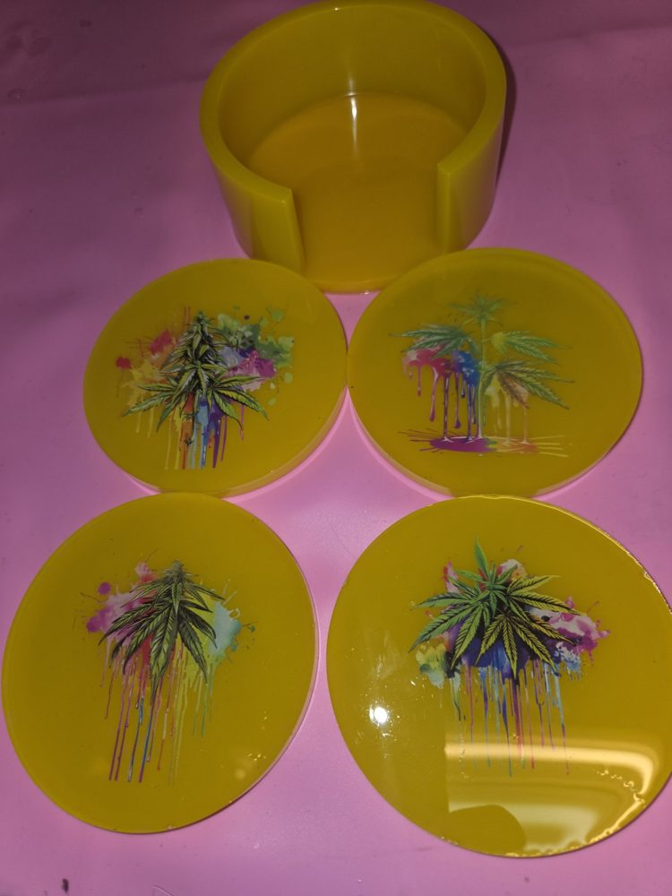 420 friendly coaster set with holder — yellow coasters with cannabis-leaf watercolor art